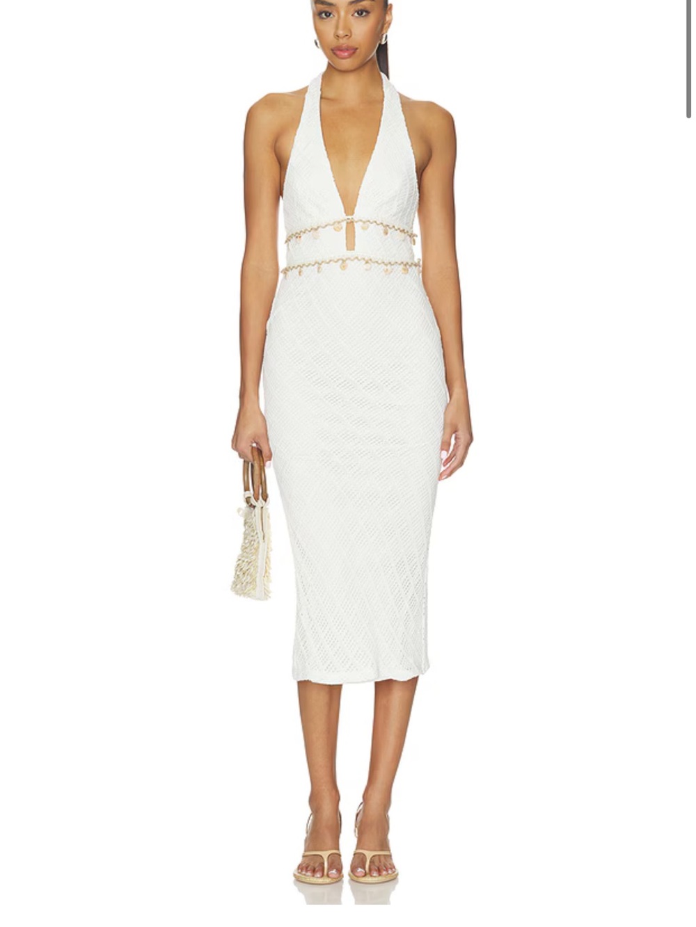 superdown White Halter Midi Dress with Gold Trim